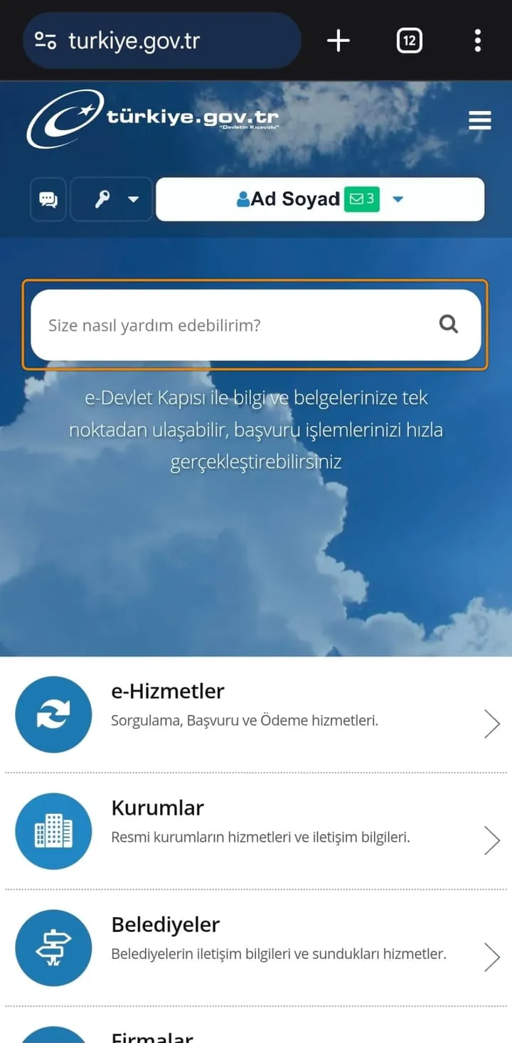 1. adım: e-Devlet ana sayfasını açın